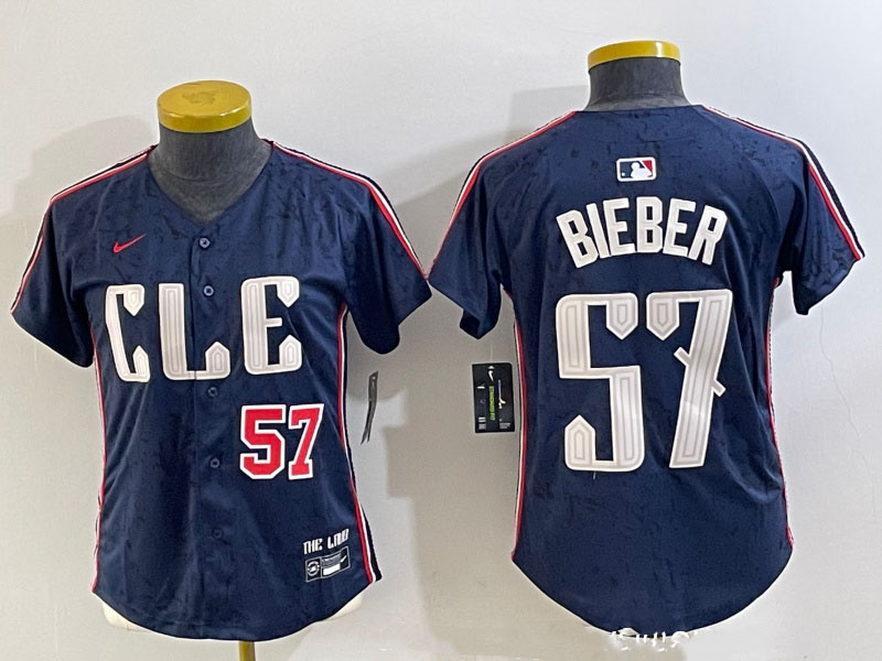 Women's Cleveland Guardians #57 Shane Bieber Navy 2024 City Connect Limited Stitched Baseball Jersey 1