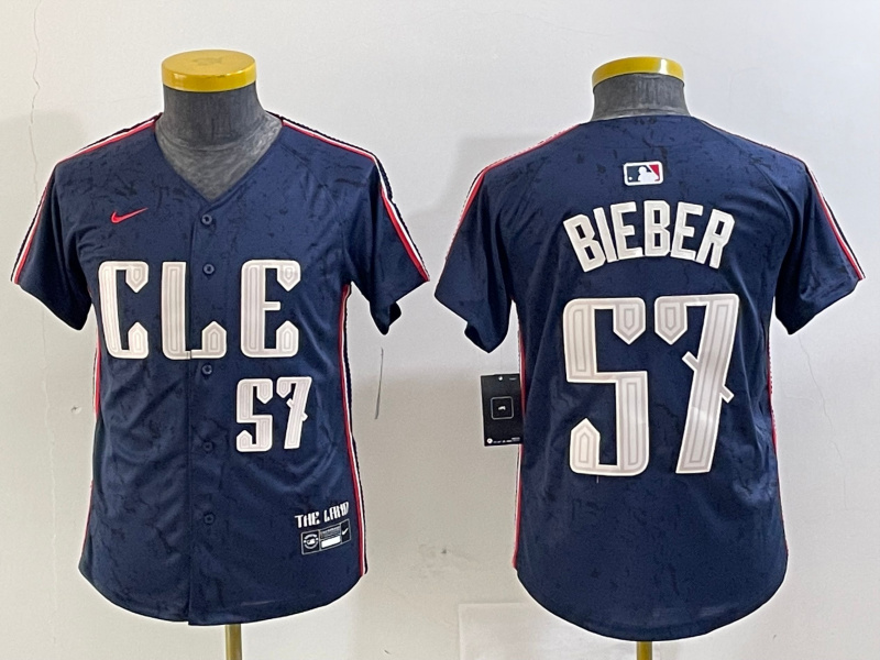 Youth Cleveland Guardians #57 Shane Bieber Navy 2024 City Connect Limited Stitched Baseball Jersey  2