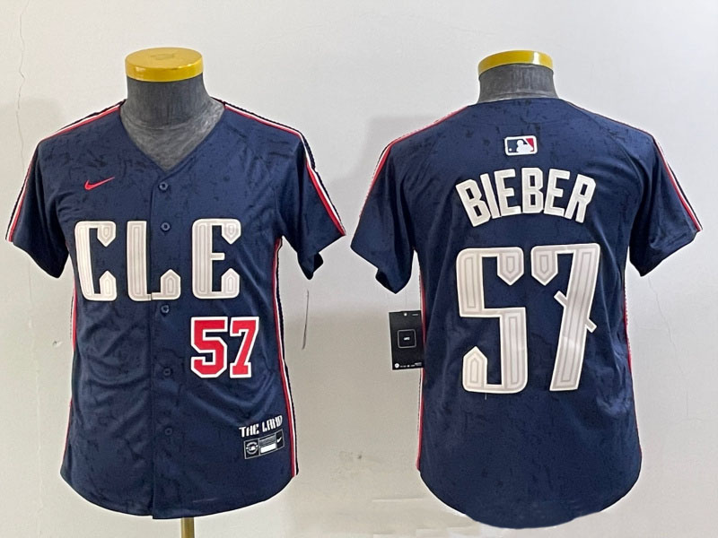 Women's Cleveland Guardians #57 Shane Bieber Navy 2024 City Connect Limited Stitched Baseball Jersey 1